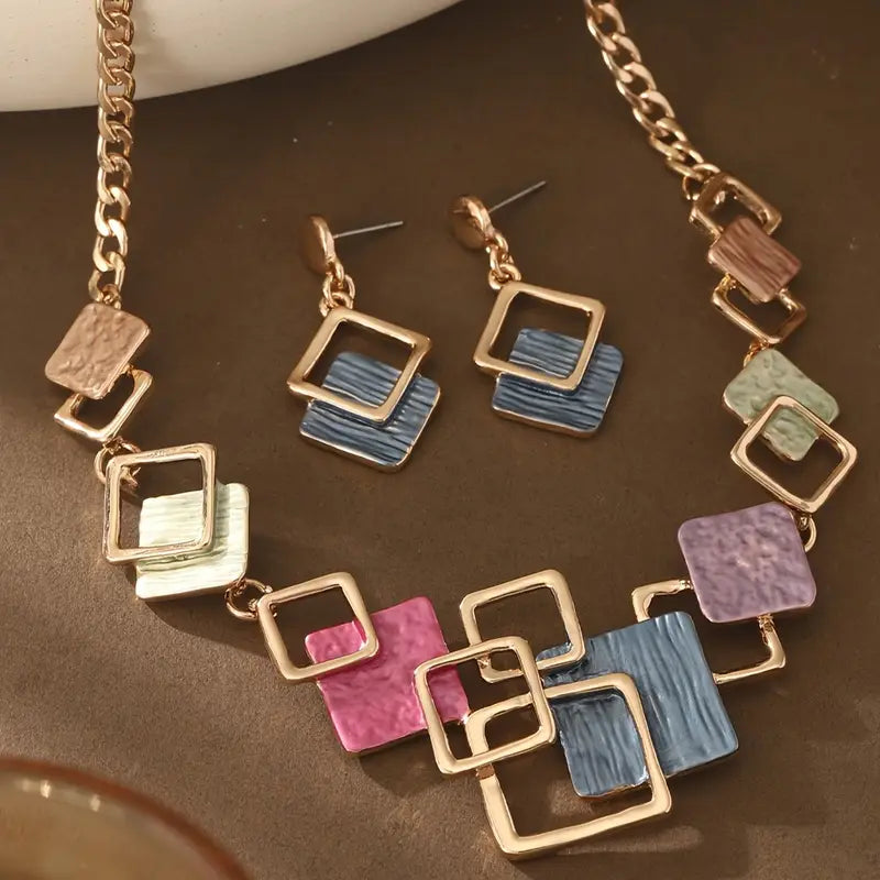 Women’s Geometric Jewelry Set – Enamel Necklace & Earrings Set