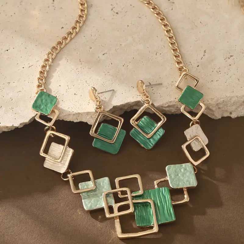 Women’s Geometric Jewelry Set – Enamel Necklace & Earrings Set
