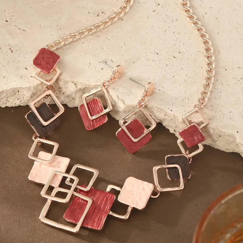 Women’s Geometric Jewelry Set – Enamel Necklace & Earrings Set