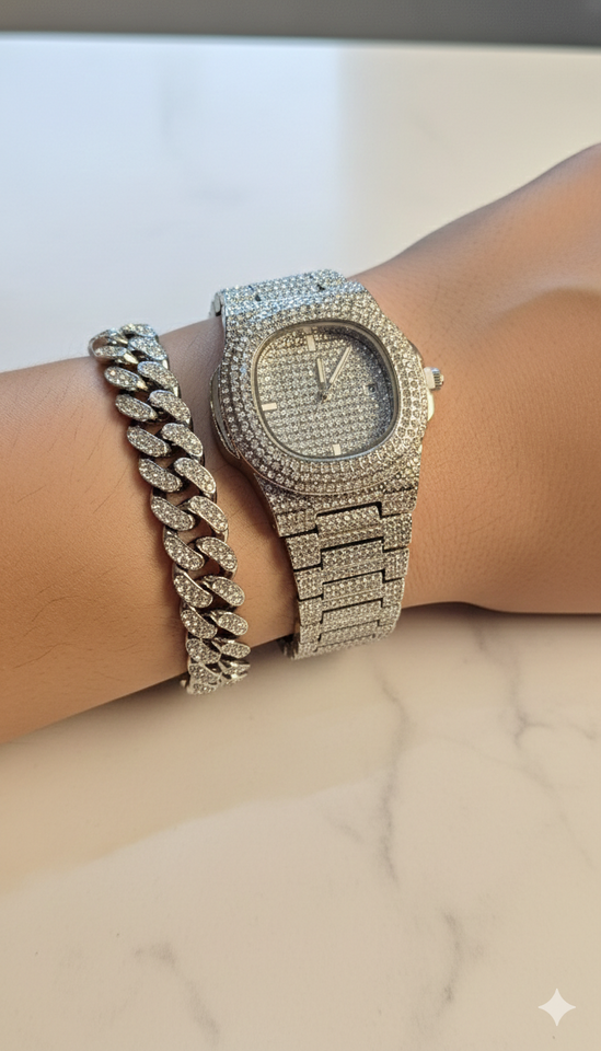 🔥 Luxury Iced-Out Watch & Cuban Bracelet Set – Gold & Silver Bling Jewelry ⌚💎