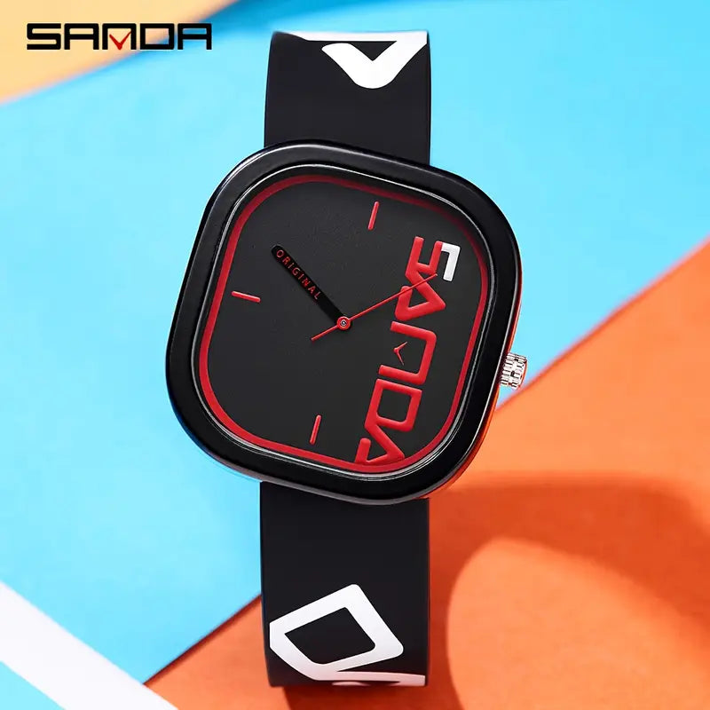 Men'S Watch - Classic Square with Red & Accents, Quartz Movement