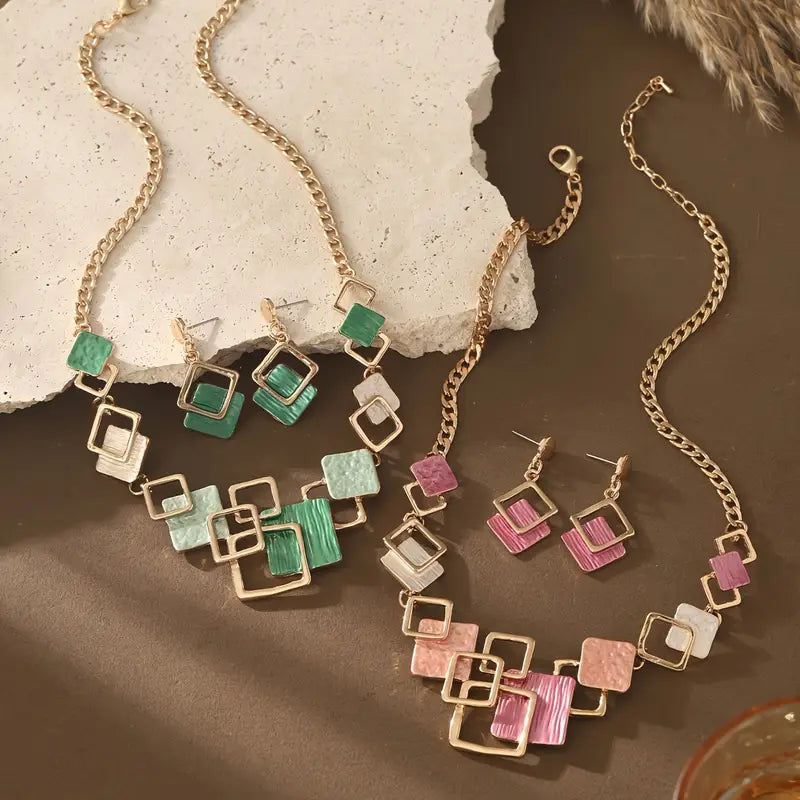 Women’s Geometric Jewelry Set – Enamel Necklace & Earrings Set